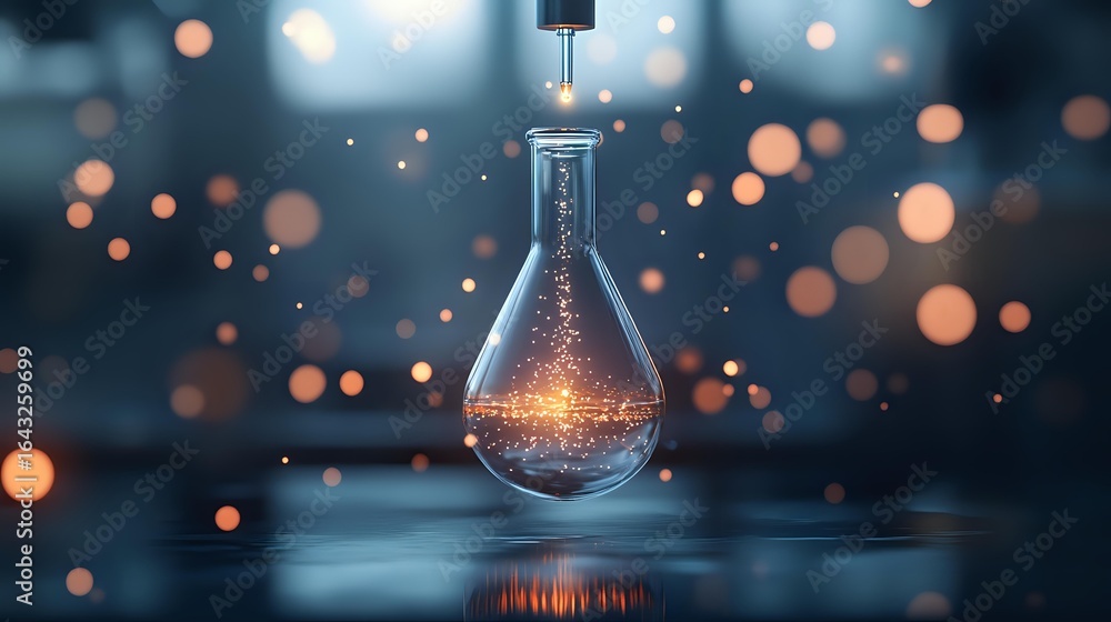 Poster glowing light bulb with magical sparkles floating inside against dark blue background with bokeh lig