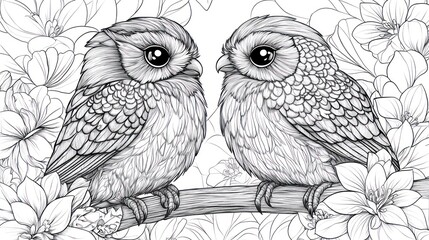 Fototapeta premium Two owls perched on branch amidst blooming flowers; coloring book page