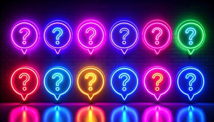 Neon question marks on a brick wall