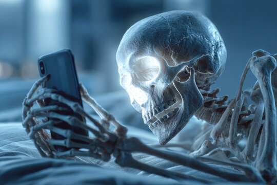 Skeleton with glowing eyes lying in bed holding smartphone in hands. Concept of screen addiction, night browsing and digital obsession
