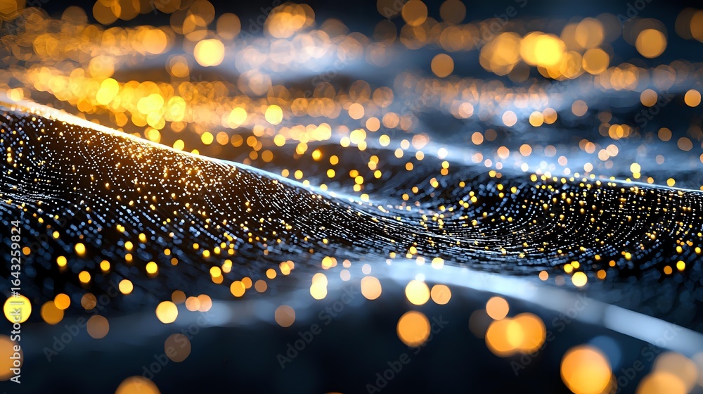 Poster shimmering water droplets on dark surface with golden bokeh lights creating magical atmosphere. macr