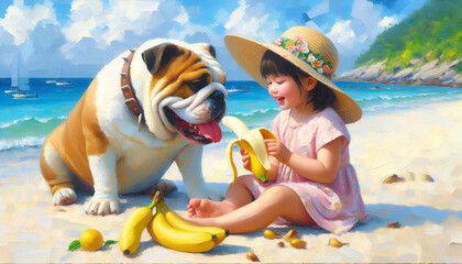 모래사장의 어린 소녀와 불독