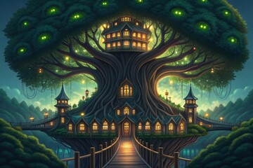 Enchanted treehouse village with glowing lights and mystical atmosphere