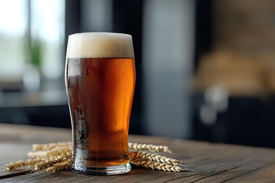 Cold glass of amber beer with thick foam head and fresh barley ears on wooden table, selective focus with blurred background for restaurant menu.