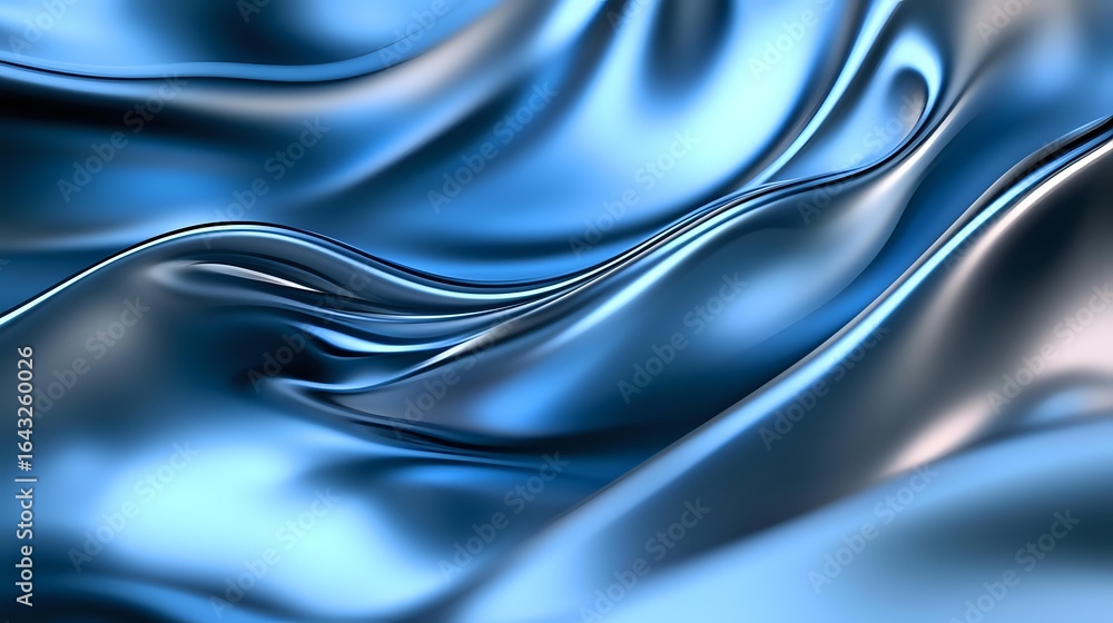Poster smooth flowing waves of metallic blue silk fabric create elegant abstract pattern with light and sha