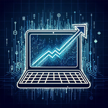 Laptop with upward arrow graph and binary code background,