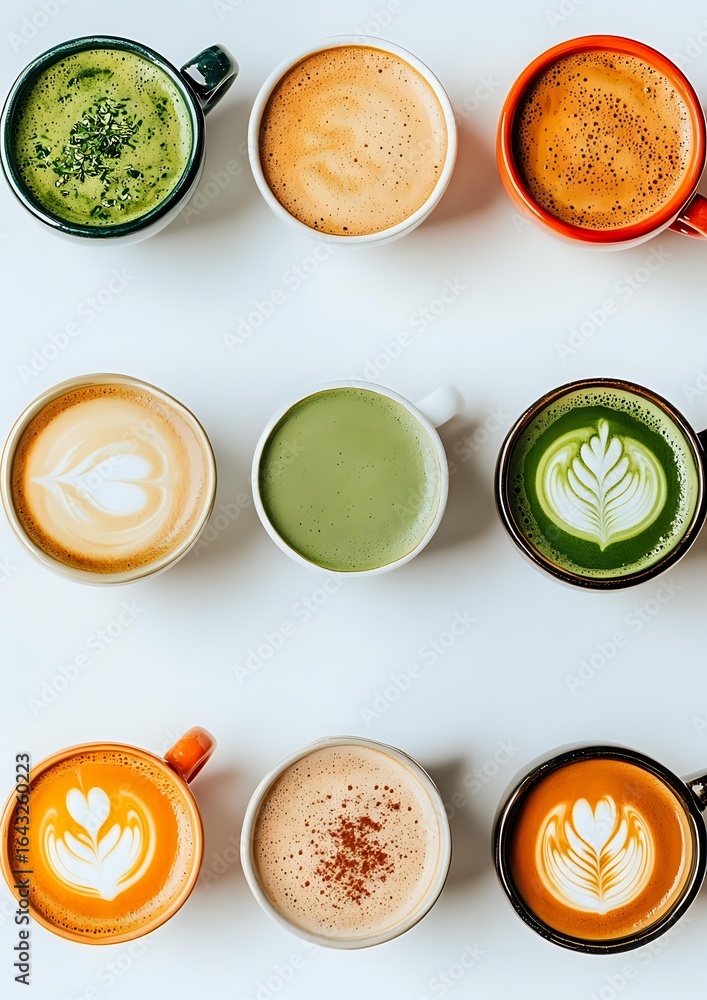 Aufkleber variety of colorful coffee and matcha latte drinks in cups arranged on white background, featuring a