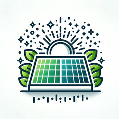 Eco-friendly solar panel with sun rays and green leaves, clean energy graphic best for renewable energy designs