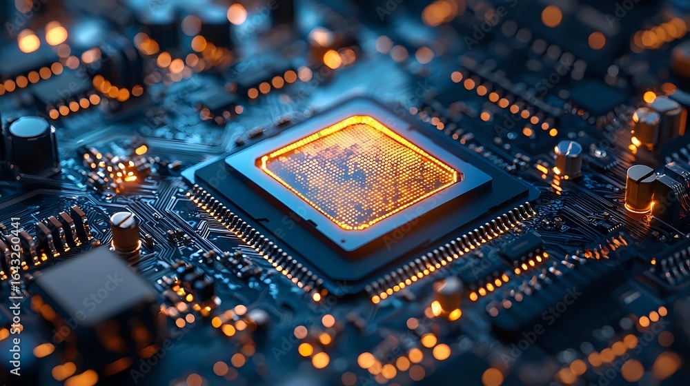 Poster glowing microprocessor on circuit board with orange and blue lighting effects creates dramatic tech 
