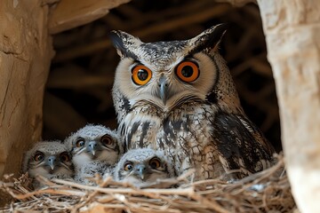 Great horned owl mother with three baby owlets nestled in natural tree cavity nest, bright orange eyes and protective stance, wildlife photography.
