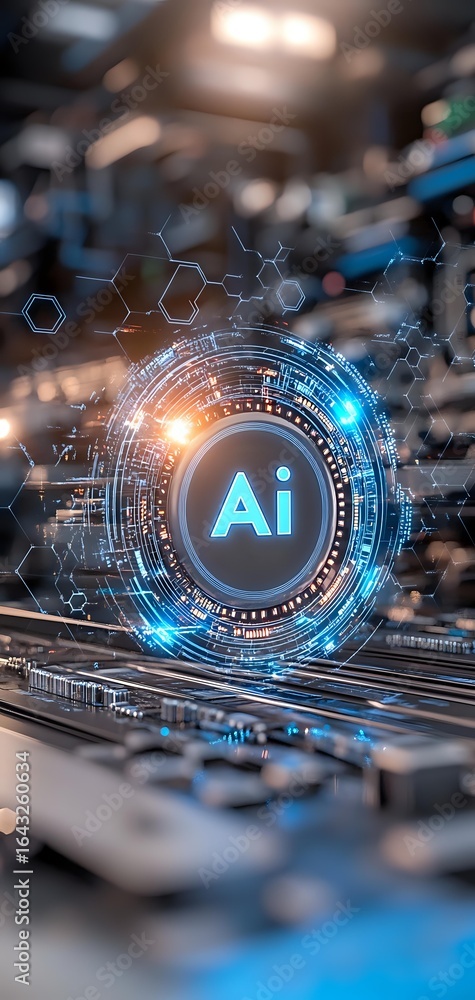 Poster glowing ai symbol with futuristic circular interface on circuit board background, combining orange a