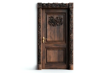Ornate wooden door with carved floral details and decorative frame featuring classical design elements on white background, isolated for architectural visualization.