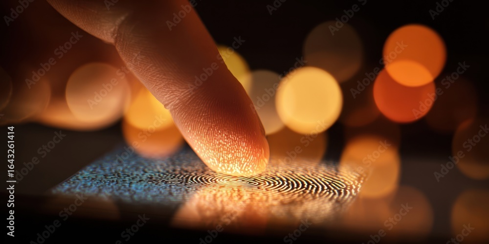 Poster the finger scanning a fingerprint on a digital screen in a modern environment.