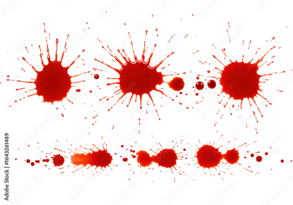 Poster collection of red blood splashes and splatters isolated on transparent background
