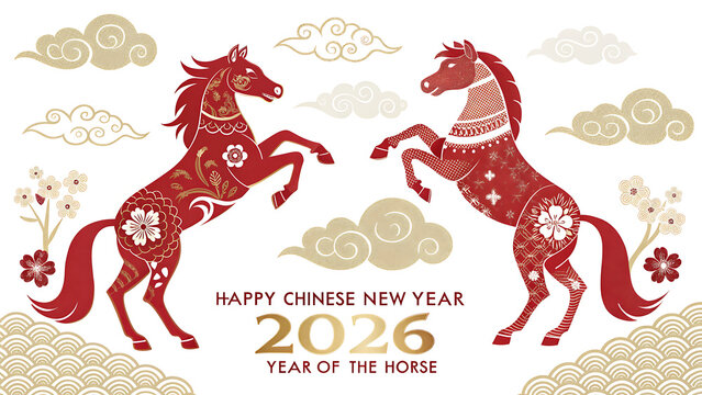 A festive chinese new year 2026 greeting card featuring ornate red and gold horses surrounded by clouds and floral designs, celebrating the year of the horse