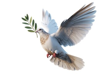 Obraz premium Graceful white dove with olive branch soaring against a bright white background symbolizing hope, peace, and new beginnings