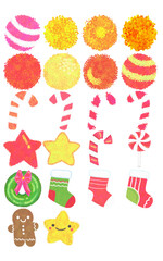 Christmas ball collection, star candy cane and sock.
