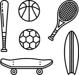 Minimal black and white vector icons of sports equipment including baseball bat, basketball, tennis racket, soccer ball, skateboard, and surfboard.