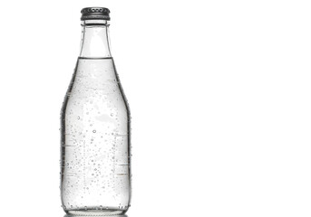 Clear glass bottle of sparkling water with bubbles isolated on transparent background