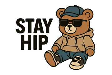 Cute bear character wearing sunglasses and a hoodie with a casual outfit promoting a fun and trendy vibe