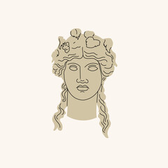 Ancient Greek classic sculpture. Female or goddess bust. Drawn in modern trendy style. Antique art design element. Flat graphic vector illustration.
