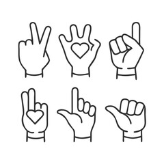 Hand gesture line icon set. Vector pictograms of thumbs up, peace sign, high five, fist bump, rock on, heart shape thin linear illustration for communication, expressions, finger ... See More