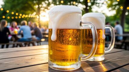 Frosty beer mugs on wooden table in beer garden with blurred people, warm summer lighting, festive and inviting atmosphere
