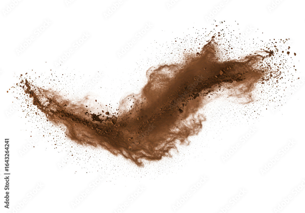 Poster an abstract dynamic explosion of fine brown powder or dust, creating a cloudlike splash with scatter