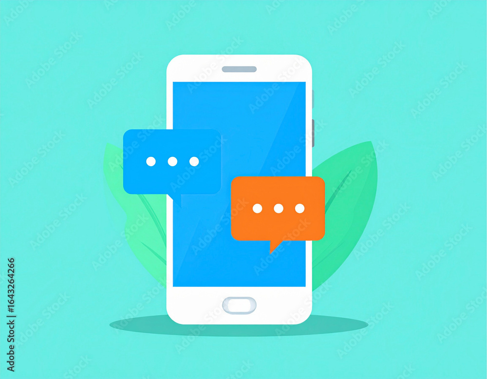 Poster modern smartphone displaying incoming and outgoing text messages with speech bubbles