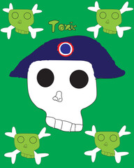 Toxic Skull with Beret Illustration. The image features a white skull wearing a blue beret with a red and blue emblem. The background is bright green, and the word "Toxic" is written in green 