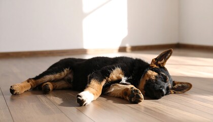 A tranquil afternoon scene portraying a relaxed dog napping on a sunlit wooden floor at home