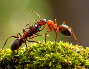 Two red ants fighting on moss