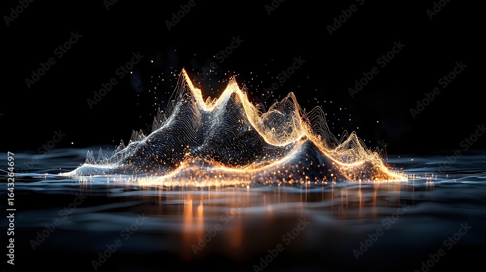 Poster glowing mountain range reflection on dark water surface with sparkles and light trails creating magi