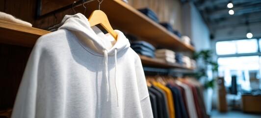 The stylish hoodie hanging in a modern clothing store display