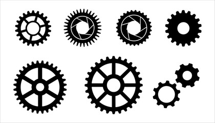 Set of Black Gear and Cogwheel Icons on White Background mechanical machinery