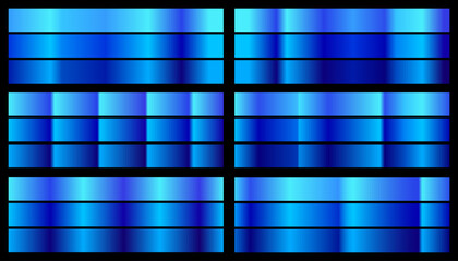 Vector set of glossy blue gradients. A collection of smooth and shiny metallic color palettes for modern graphic design.