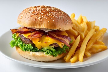 A hamburger topped with bacon and cheese sits next to a pile of french fries all on a white plate