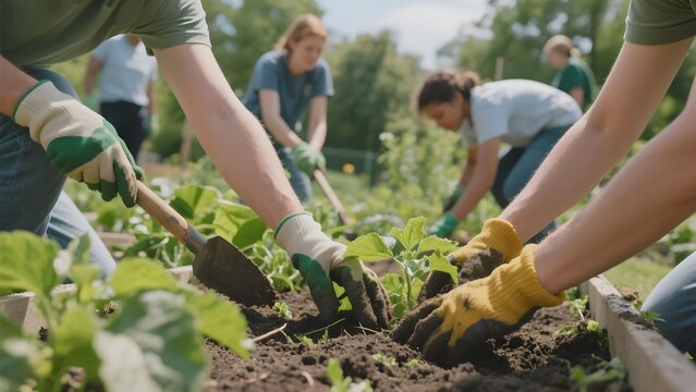 Group of volunteers planting vegetables in a community garden - Powered by Adobe
