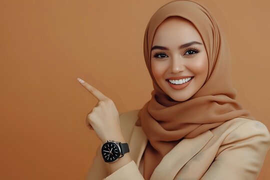 Young Middle Eastern woman wearing beige hijab and smartwatch points finger against brown background, expressing joy with bright authentic smile.
