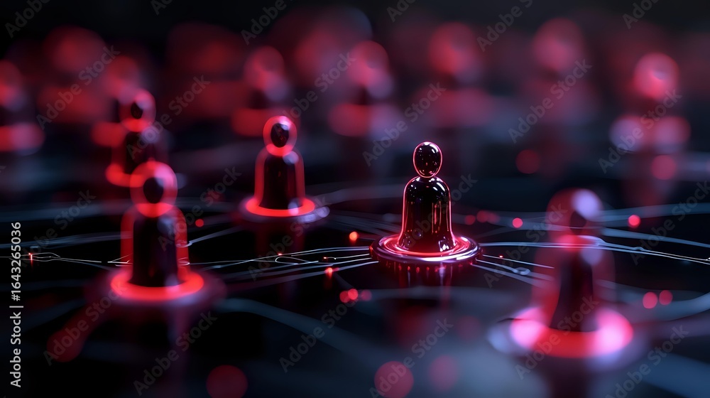 Poster glowing red network nodes connected by illuminated lines on dark background create futuristic techno