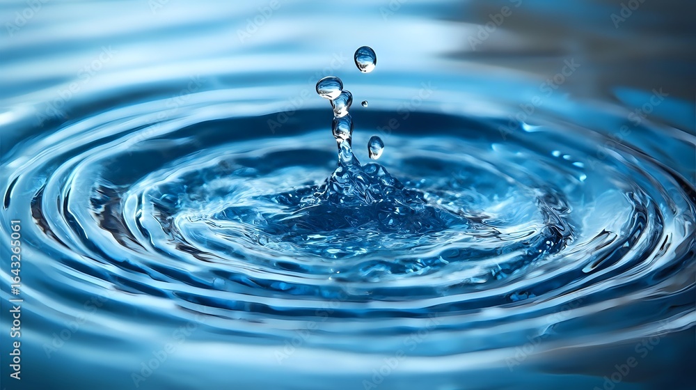 Poster single water drop falling into calm blue water creating concentric ripples and splash crown with flo