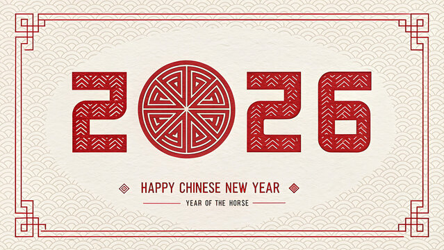 A festive chinese new year 2026 design featuring the year of the horse with traditional patterns and geometric shapes in red and gold, perfect for holiday celebrations and greeting cards