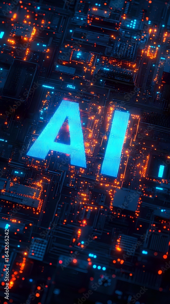 Poster glowing ai letters on futuristic circuit board with orange and blue neon lights creating dynamic tec