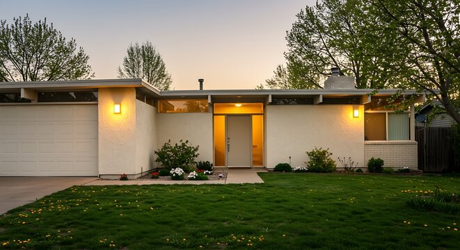 Mid-century modern house exterior front view in spring with stucco finish under dawn - High Resolution Exterior Photo
