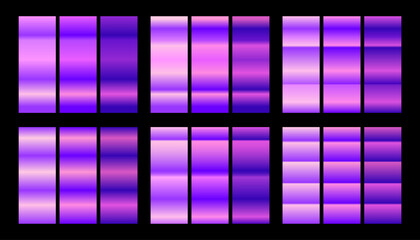 Vector set of glossy purple gradients. A collection of smooth and shiny metallic color palettes for modern graphic design.
