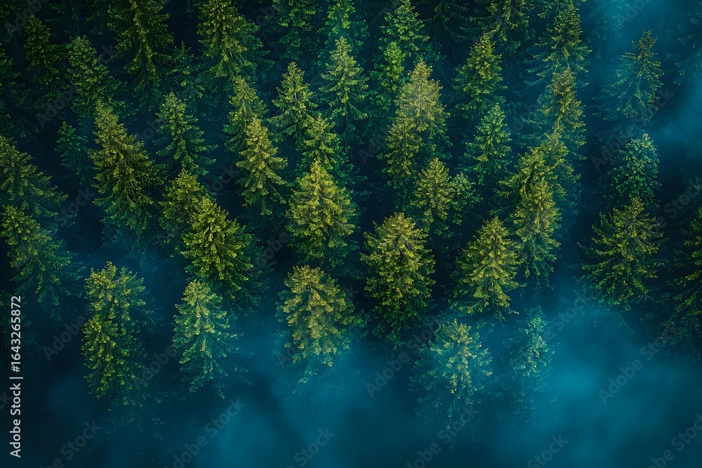 Poster aerial view of misty pine forest with sunlight filtering through morning fog creating mystical atmos