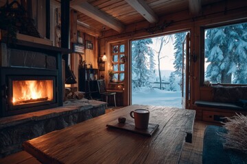 Cozy wooden cabin interior with a roaring fireplace, steaming mug on a rustic table, and a snowy forest view through the window.