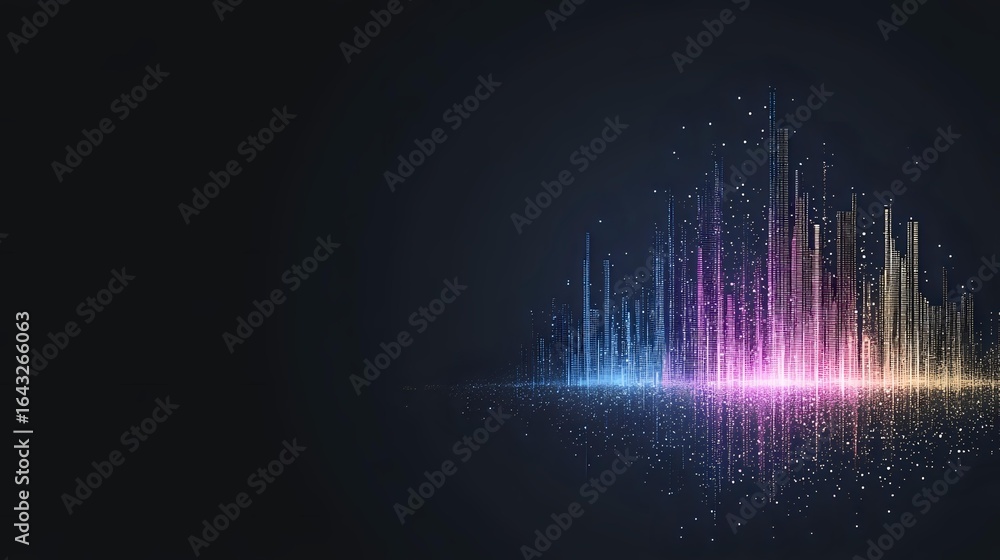 Poster glowing audio wave spectrum visualization with colorful light effects on dark background, digital so