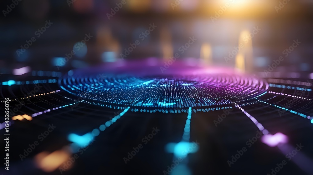 Poster abstract digital circular pattern with glowing blue and pink gradient lines radiating from center on