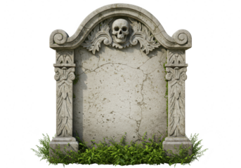 Ornate weathered stone tombstone with skull carving, isolated on transparent background